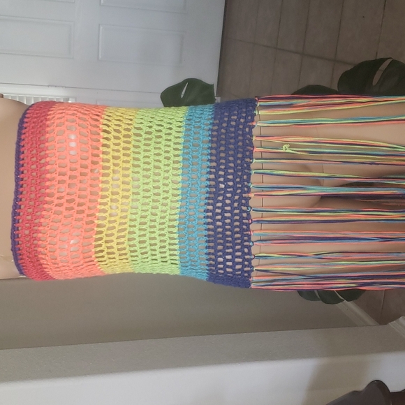 Neon rainbow crochet tube top long tassels top/ tunic swim cover up pride - Picture 3 of 9